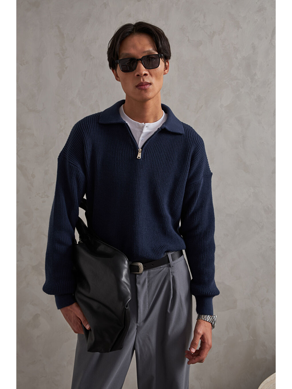 Lacivert Erkek Yakası Fermuarlı Oversize Kazak