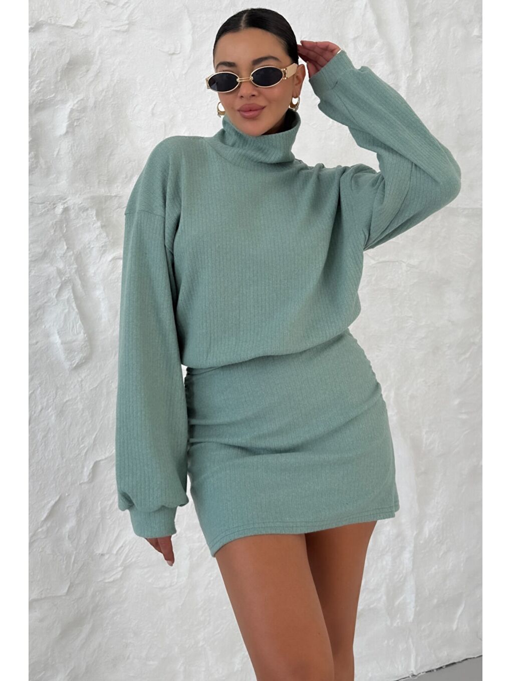 Kadın Mint Yeşili Boğazlı Bel Lastikli İnterlok Mini Elbise-5