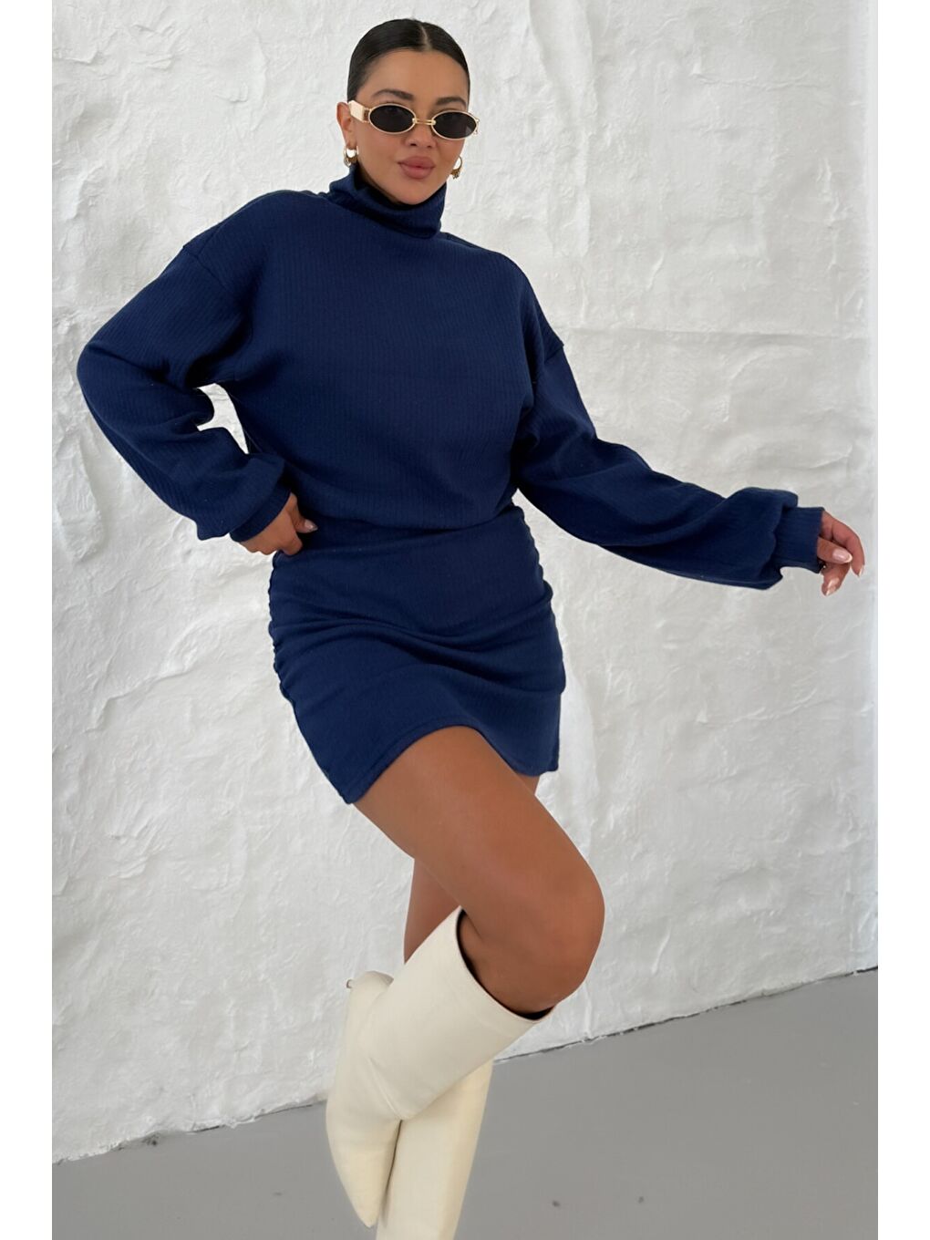 Kadın Lacivert Boğazlı Bel Lastikli İnterlok Mini Elbise-7