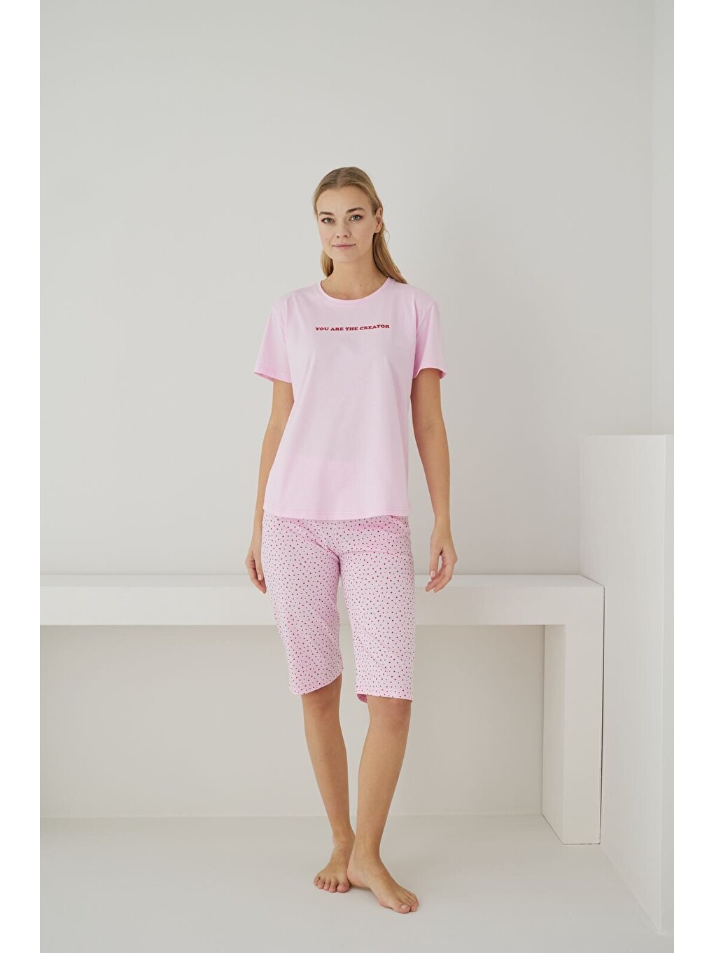 Kadın %100 Organik Pamuk Pembe Kalp Büyük Beden Desenli Kısa Kollu Kapri Doğal Battal Pijama Takımı-3