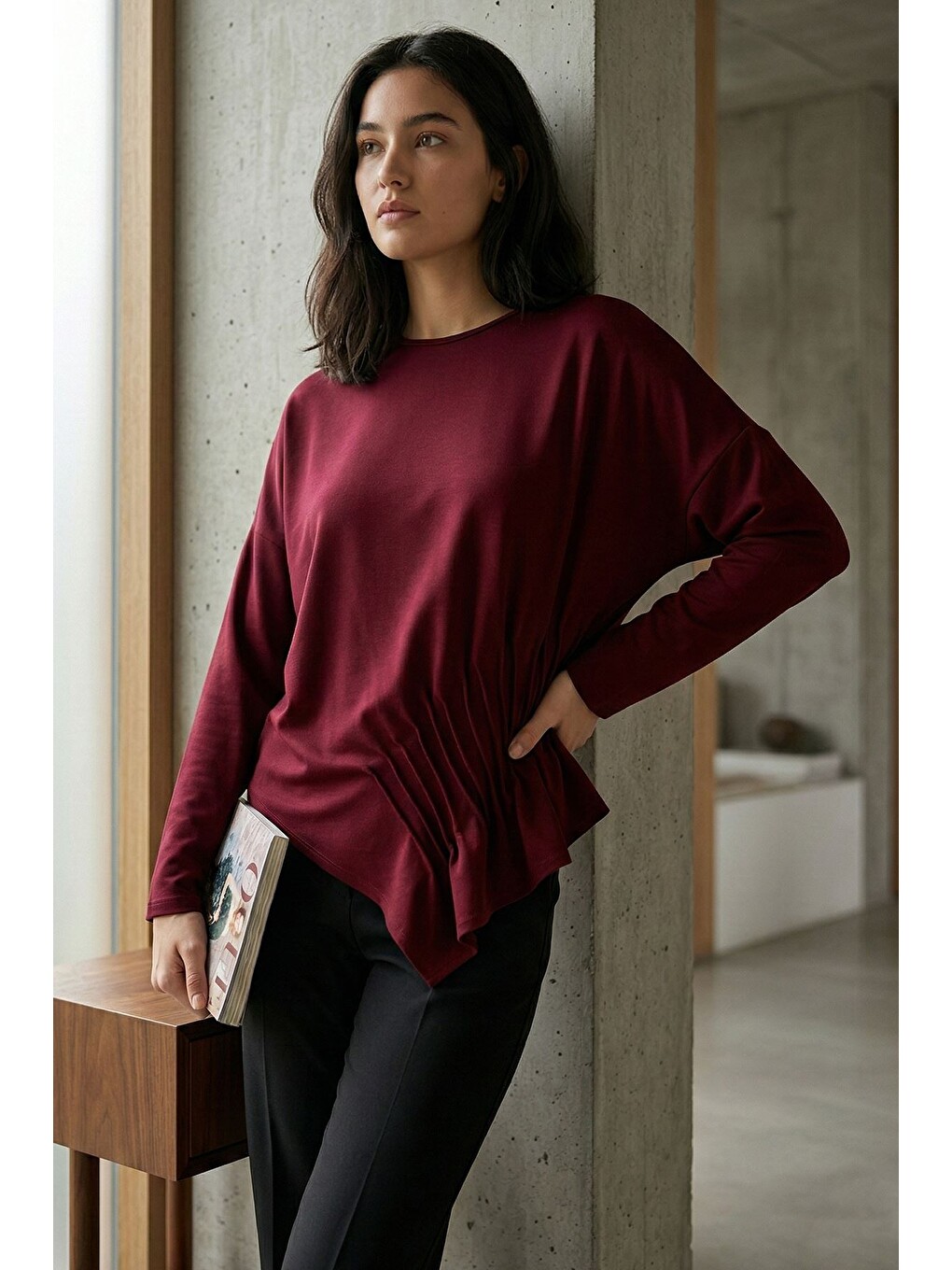 Bordo Kadın Pileli Asimetrik Kesim Bluz-3