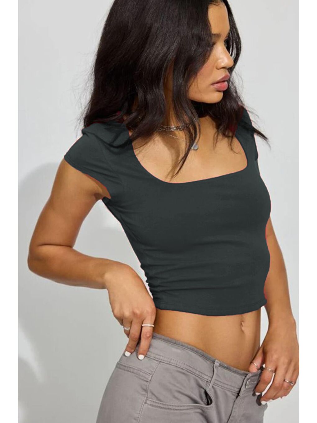 Antrasit Kare Yaka Kadın Tişört Mg2294