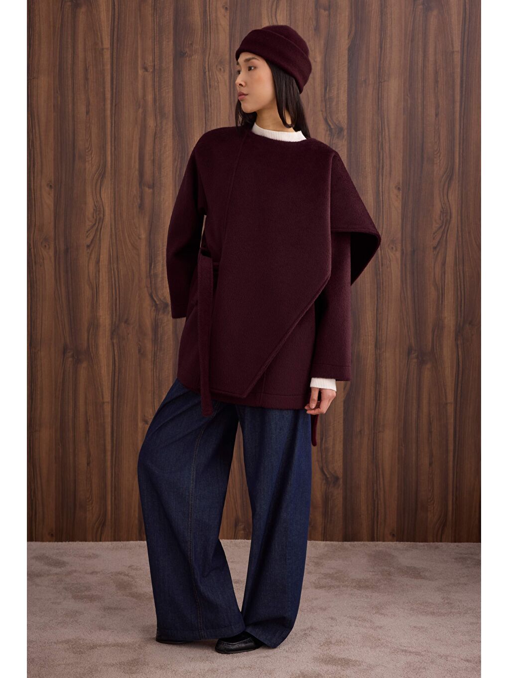 Kuşaklı Şal Yaka Kaban Bordo-4
