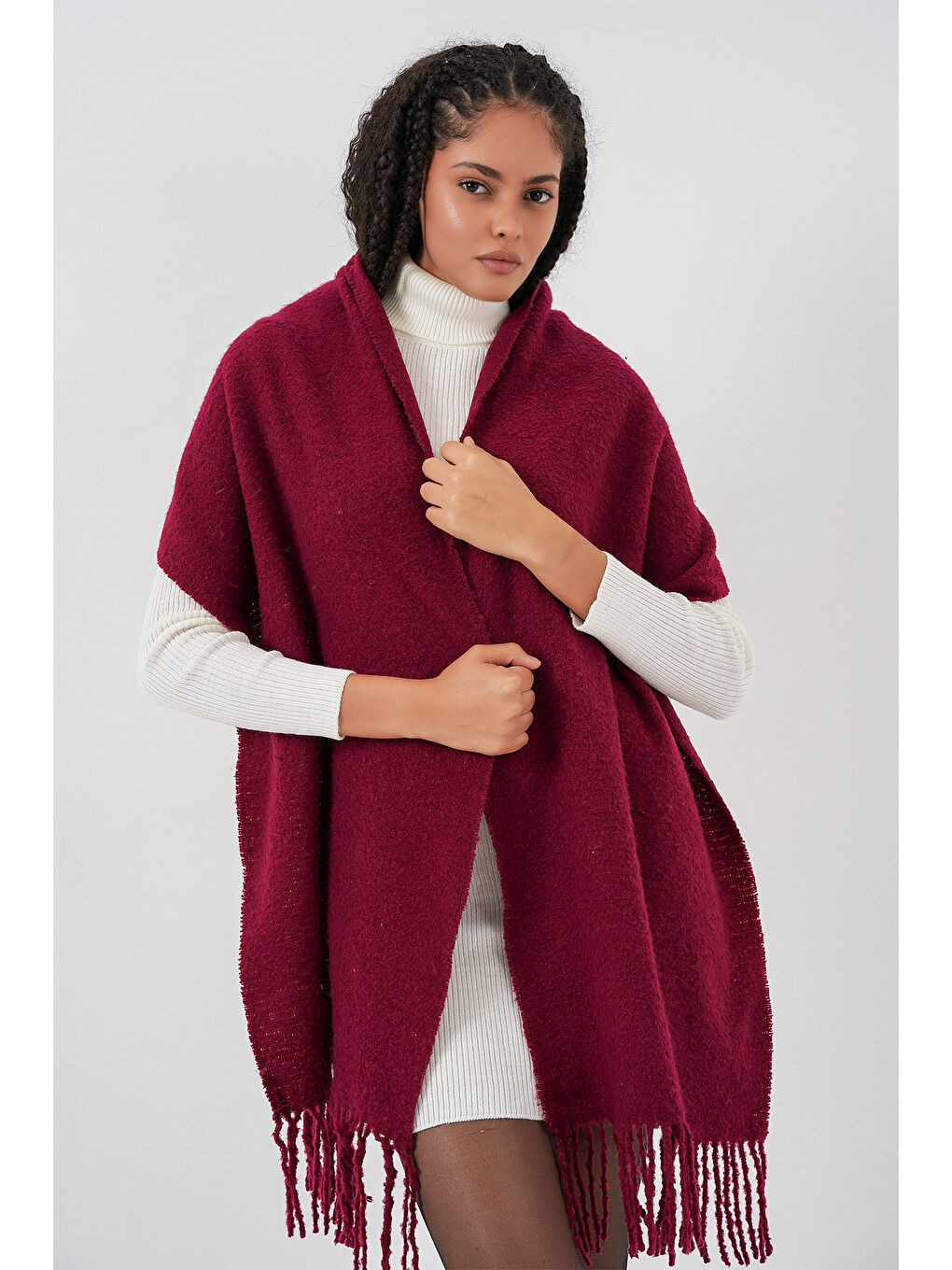 Kadın Yumuşak Dokulu Kalın Şal Atkı 15951 - Bordo-3