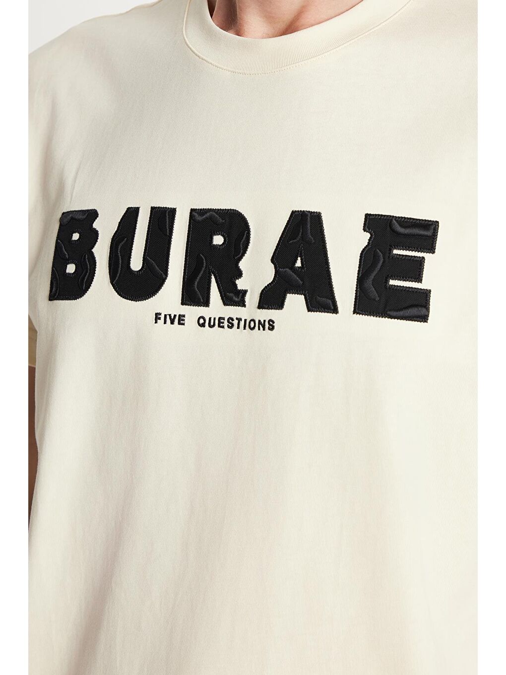 Relax Fit Rahat Kesim %100 Pamuk Ön Nakış Detaylı Bisiklet Yaka Ekru Erkek Tişört-3