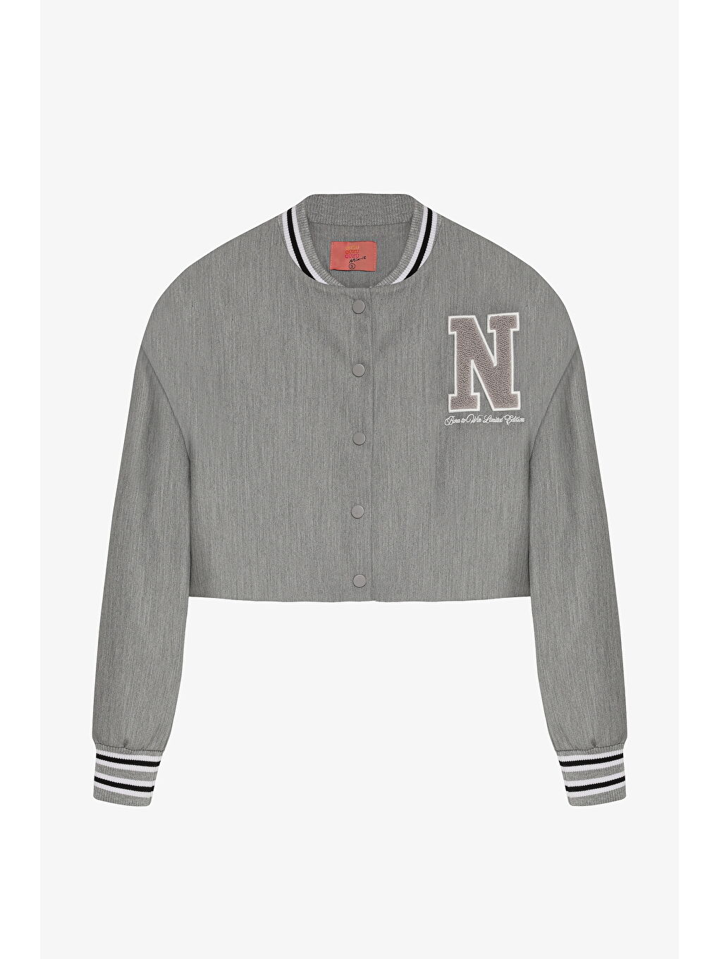 Harf Nakışlı Ribanalı Kısa Bomber Ceket Gri