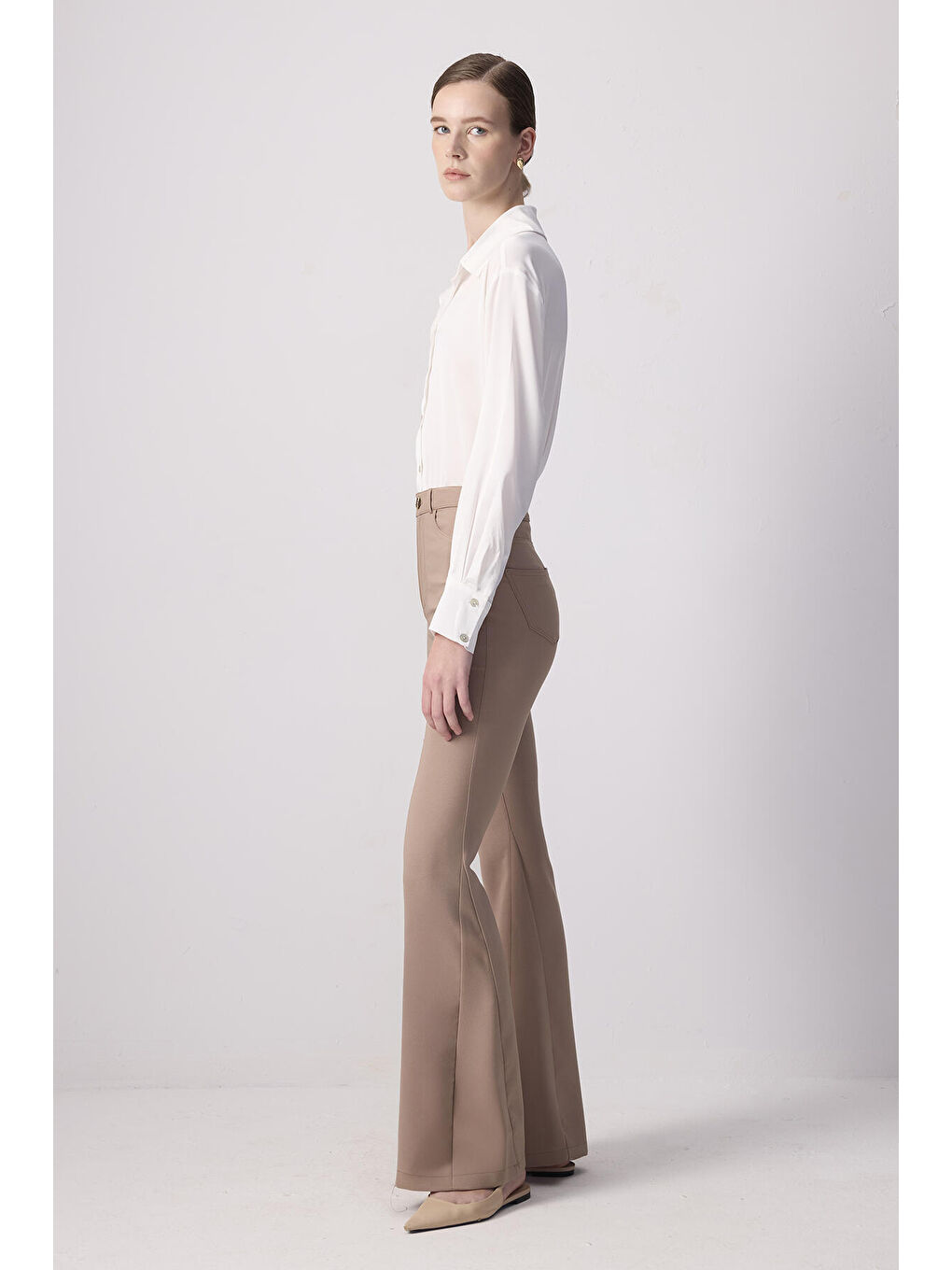 Bej İspanyol Paça Krep Pantolon-2