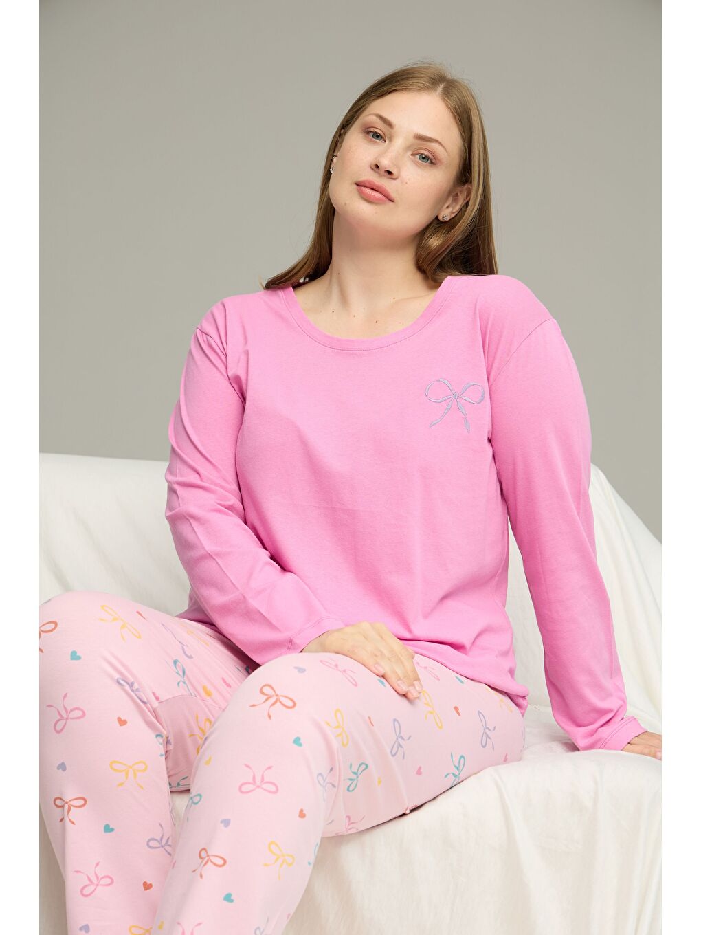Pembe Desenli Curve Büyük Beden Battal Boy Pamuklu Pijama Takım25240827