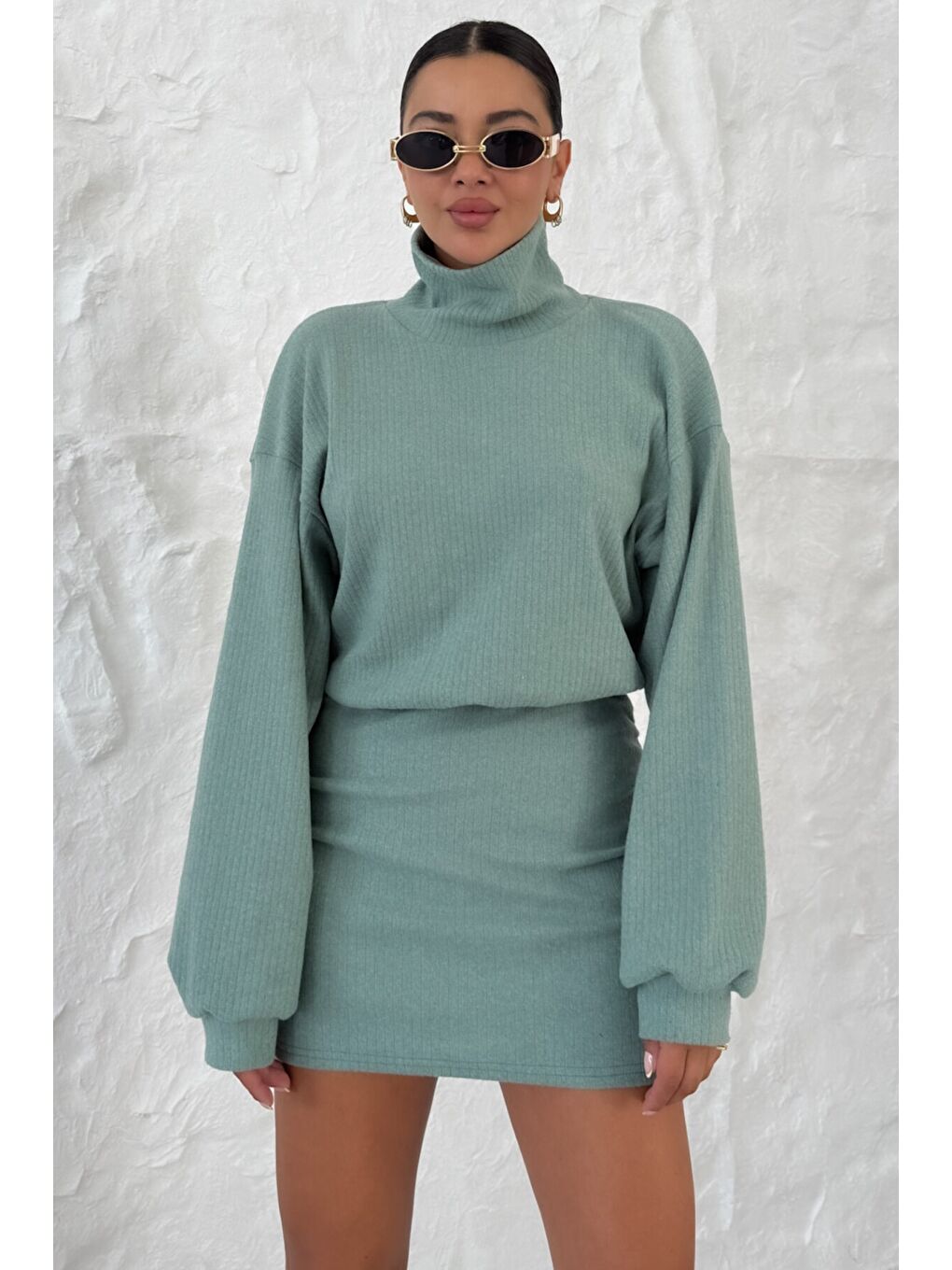 Kadın Mint Yeşili Boğazlı Bel Lastikli İnterlok Mini Elbise-6