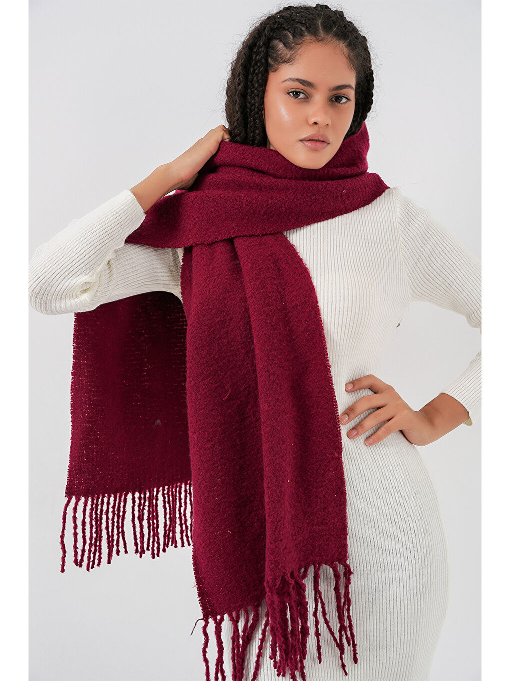 Kadın Yumuşak Dokulu Kalın Şal Atkı 15951 - Bordo-4