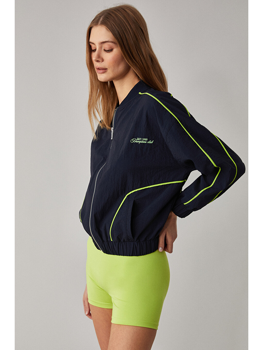 Merlyan Kadın Bomber Yaka Oversize Fermuarlı Lacivert Ceket-4