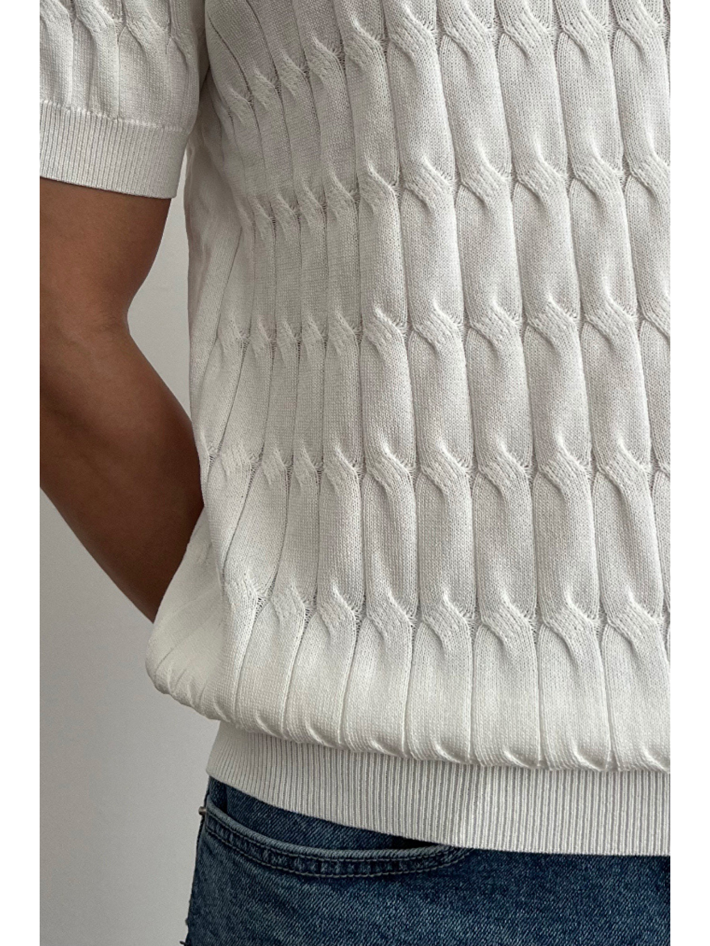 Erkek Beyaz Hakim Yaka Düğmeli Slim Fit Triko T-Shirt-2