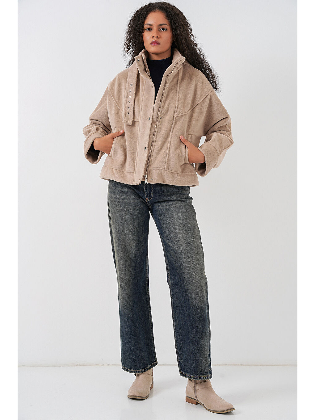 Kadın Oversize Bomber Ceket 0729 - Bej-1