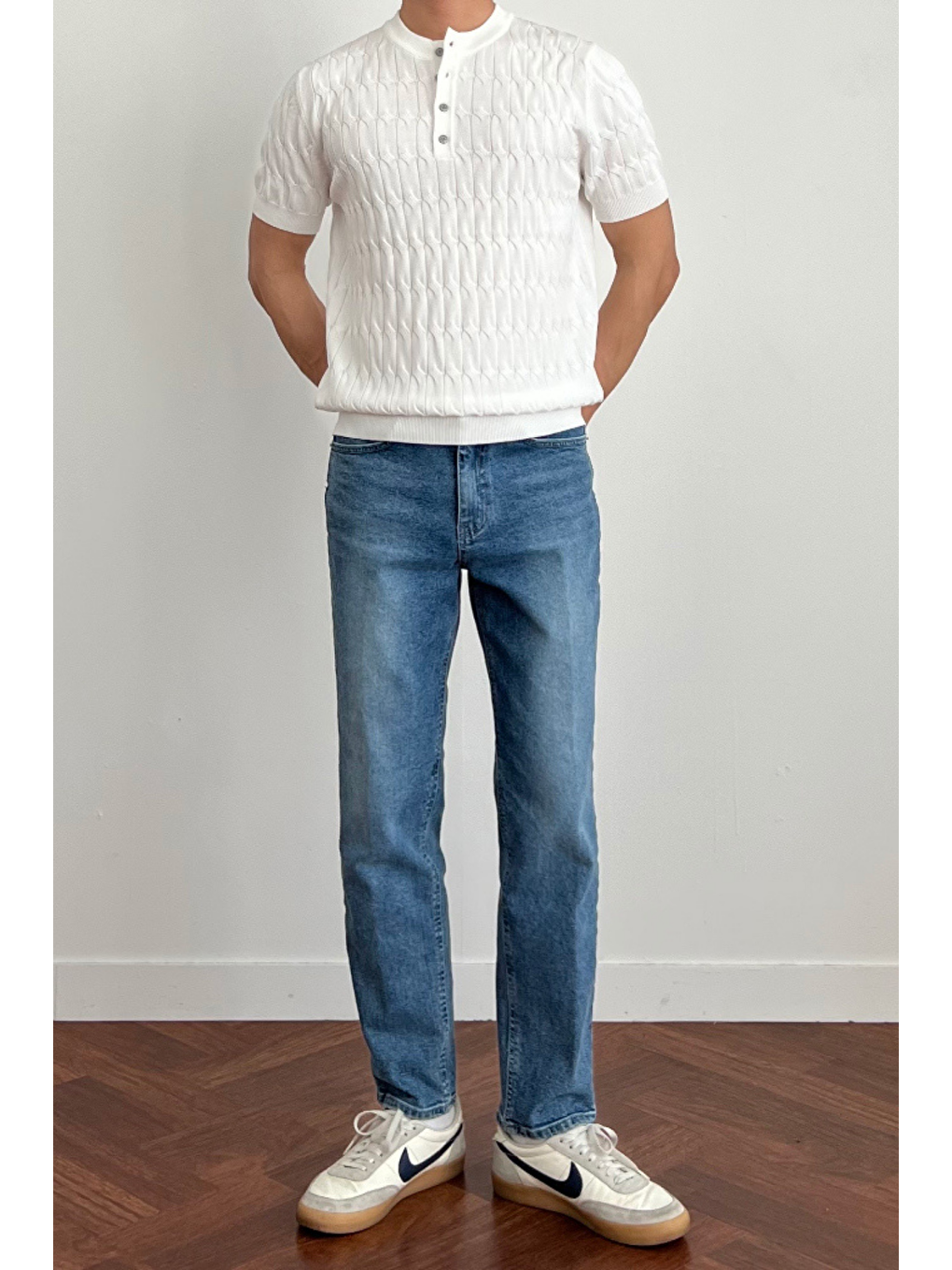 Erkek Beyaz Hakim Yaka Düğmeli Slim Fit Triko T-Shirt-3