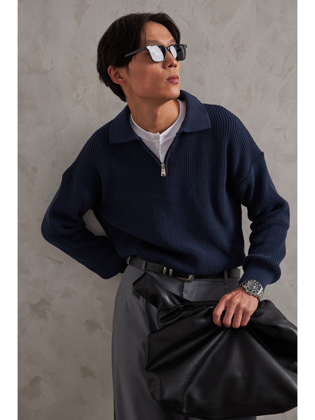 Lacivert Erkek Yakası Fermuarlı Oversize Kazak-1