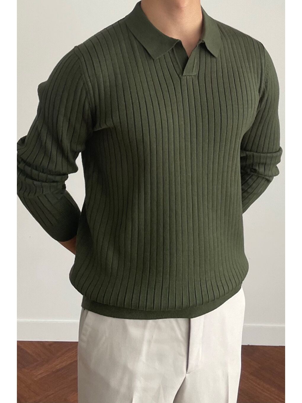 Haki Erkek Polo Yaka Triko Kazak Slim Fit Fitilli-1