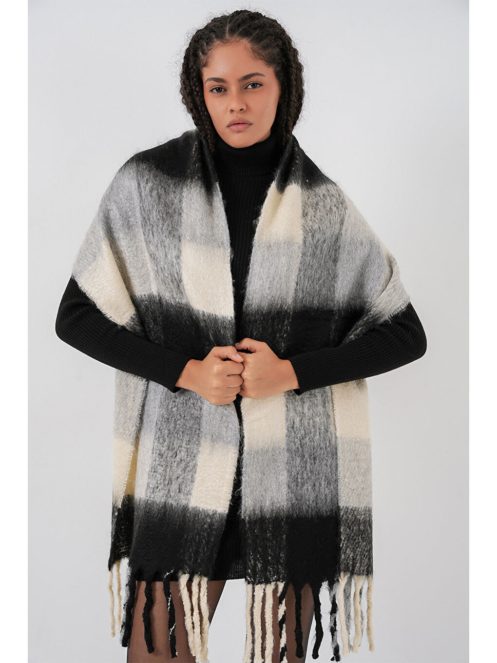 Kadın Yumuşak Dokulu Kalın Şal Atkı 15951 - A.Siyah