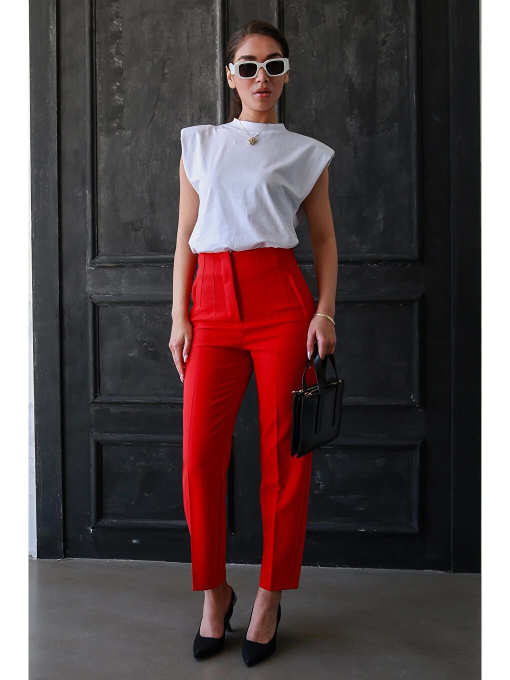 Kırmızı Önü Biyeli Yüksek Bel Kadın Pantolon Mg2425-1