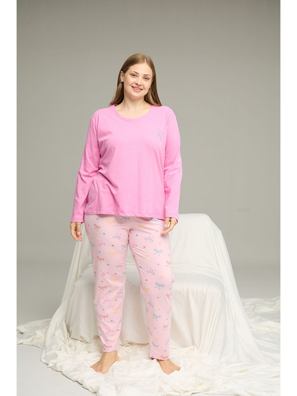 Pembe Desenli Curve Büyük Beden Battal Boy Pamuklu Pijama Takım25240827-1