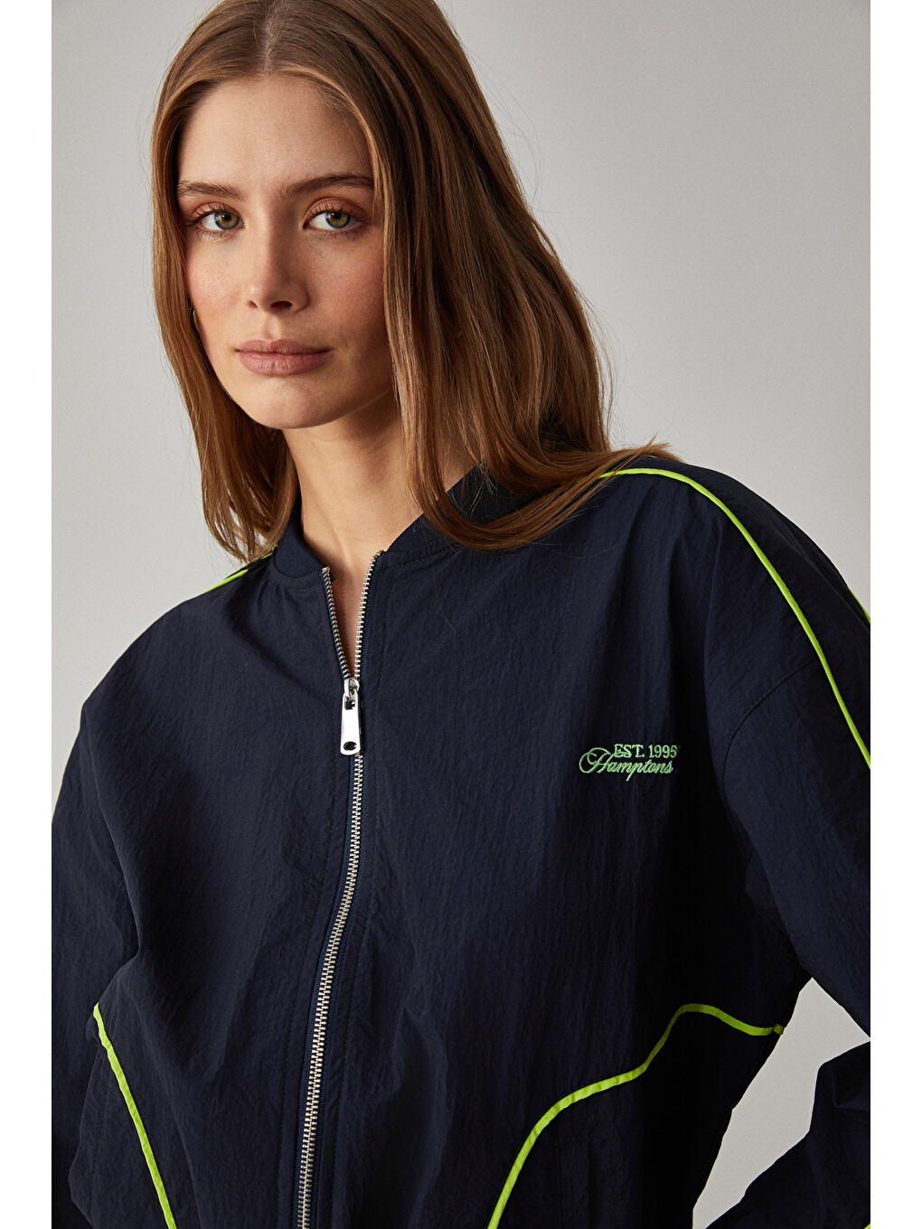 Merlyan Kadın Bomber Yaka Oversize Fermuarlı Lacivert Ceket-5