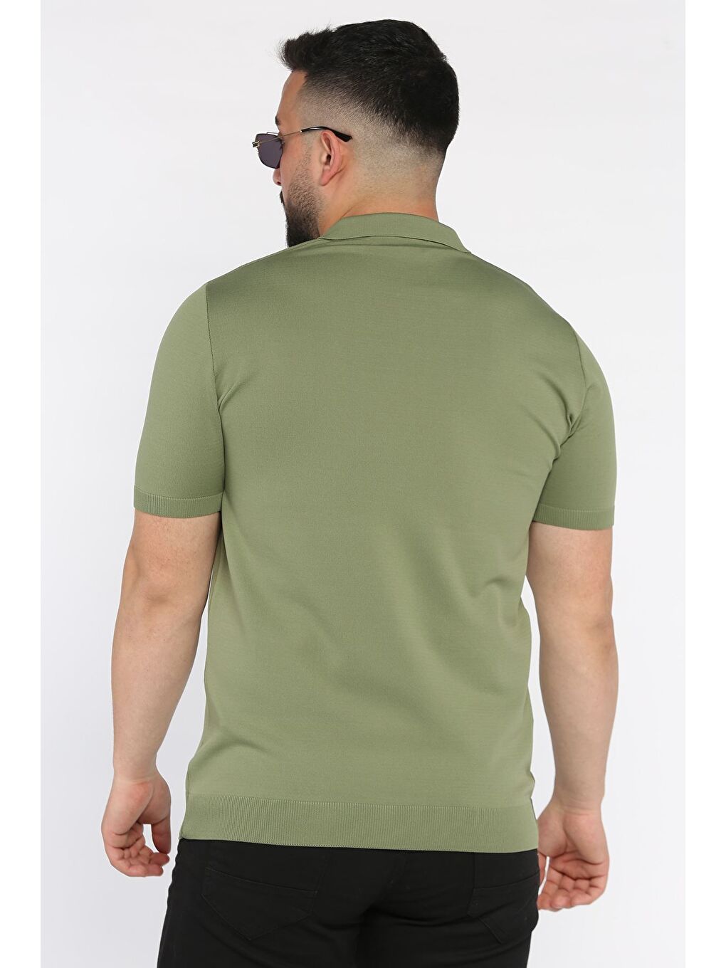 Haki Erkek Polo Yaka Yarım Fermuarlı Kendinden Desenli Tişört-2