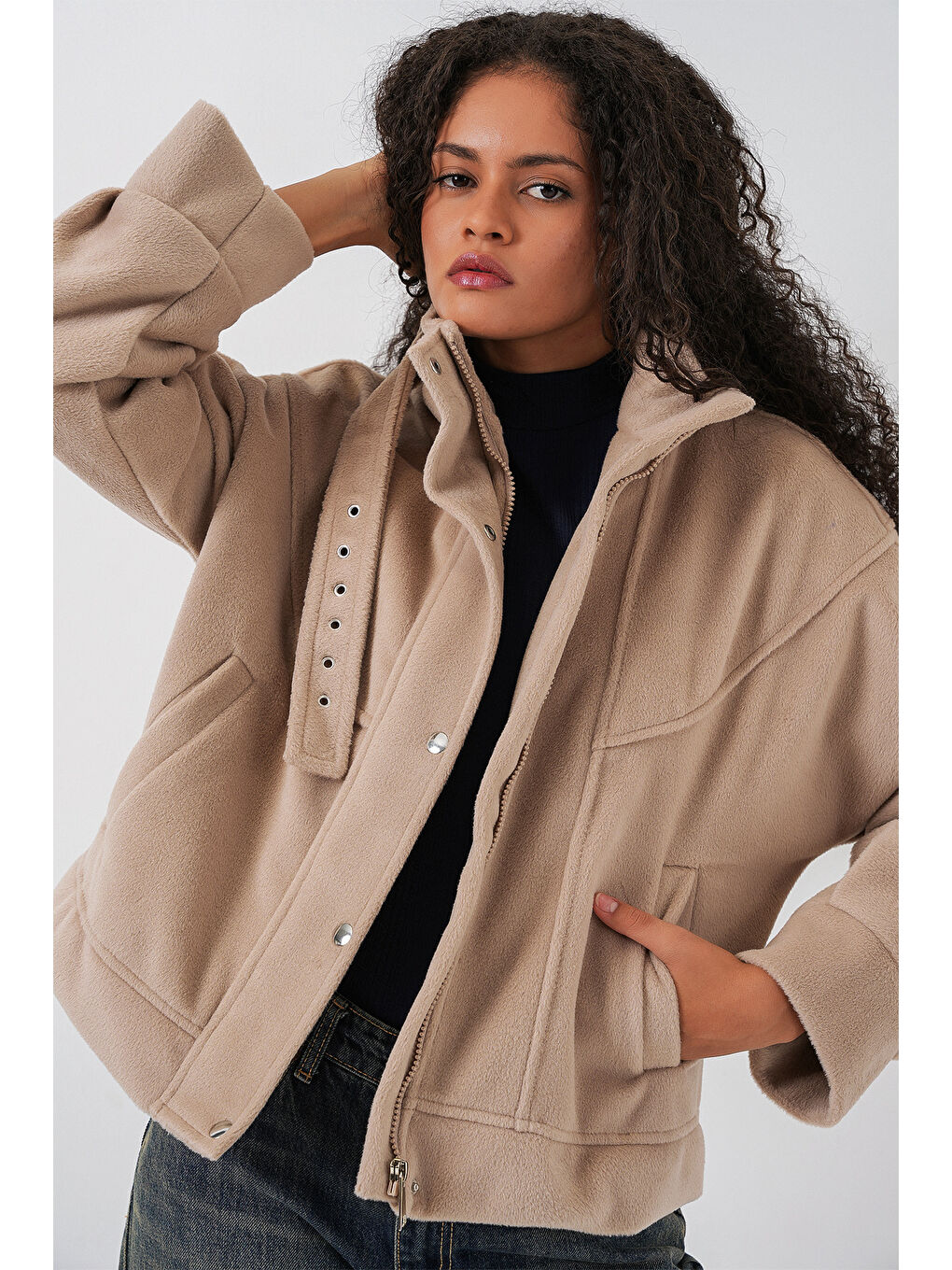 Kadın Oversize Bomber Ceket 0729 - Bej-3