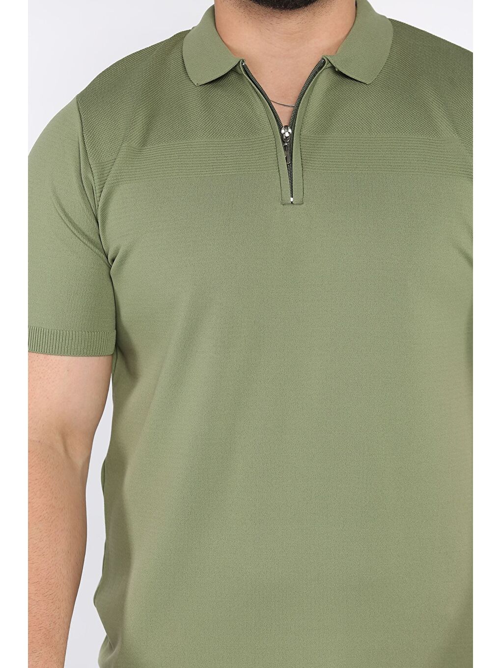 Haki Erkek Polo Yaka Yarım Fermuarlı Kendinden Desenli Tişört-3