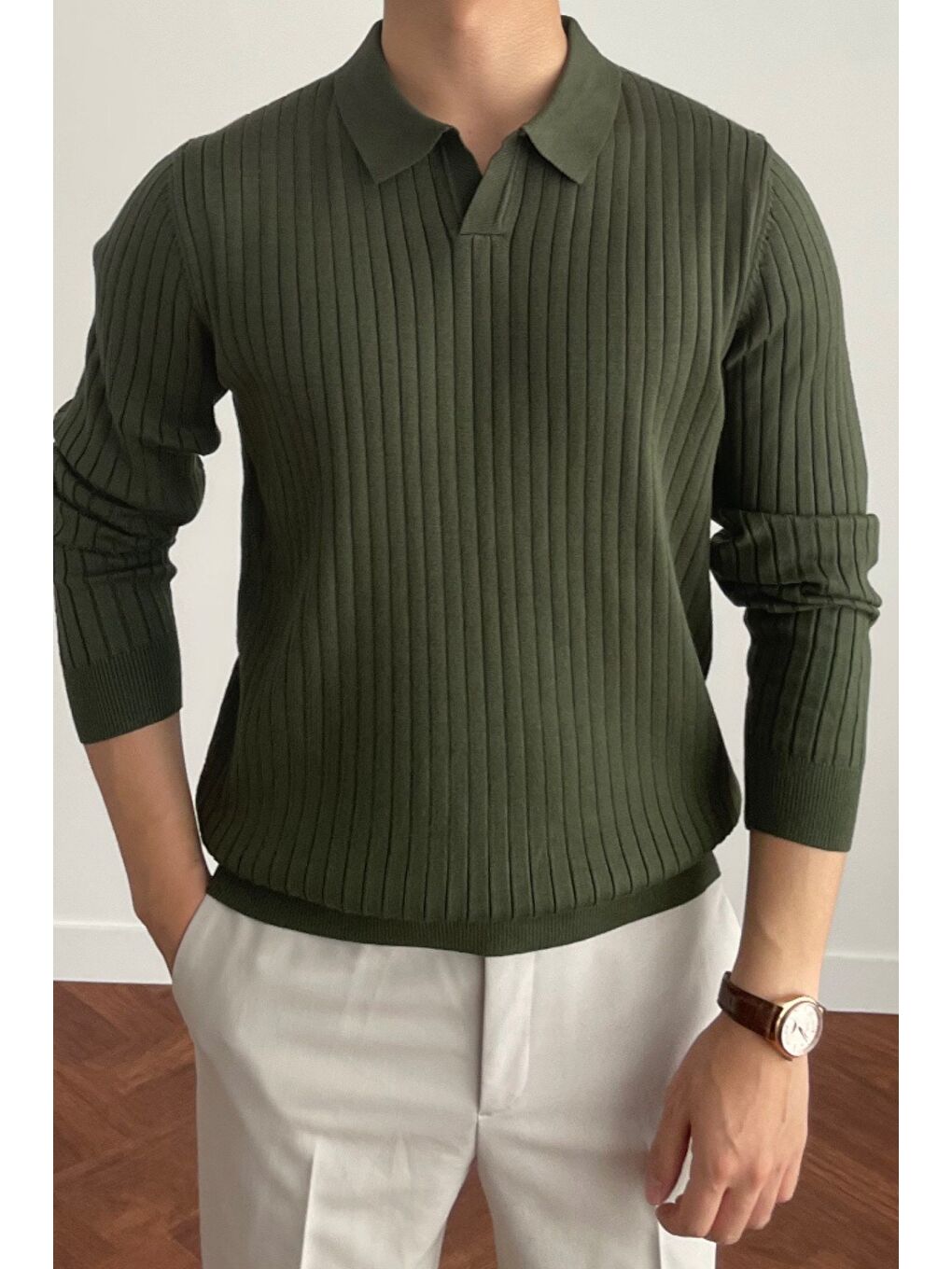 Haki Erkek Polo Yaka Triko Kazak Slim Fit Fitilli-2