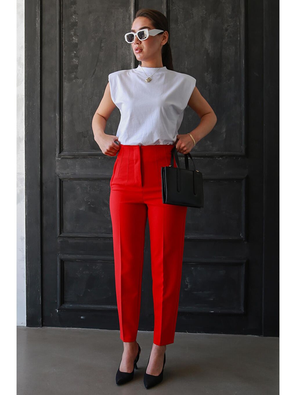 Kırmızı Önü Biyeli Yüksek Bel Kadın Pantolon Mg2425-2