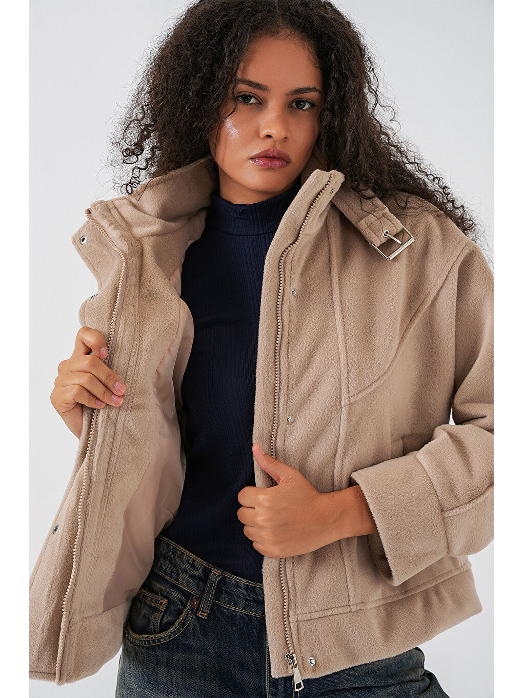 Kadın Oversize Bomber Ceket 0729 - Bej-4