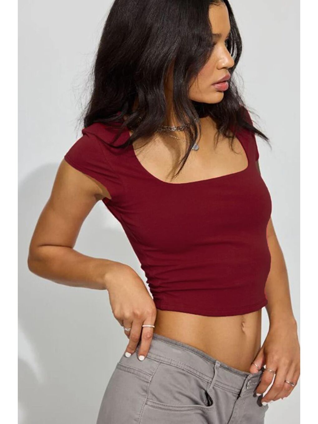 Bordo Kare Yaka Kadın Tişört Mg2294