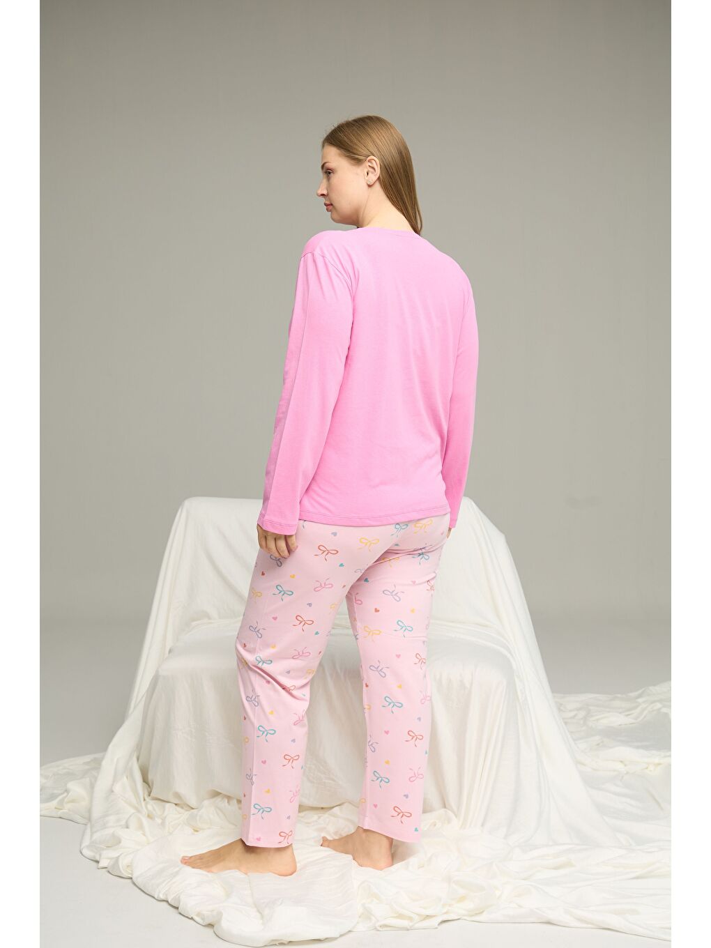 Pembe Desenli Curve Büyük Beden Battal Boy Pamuklu Pijama Takım25240827-2