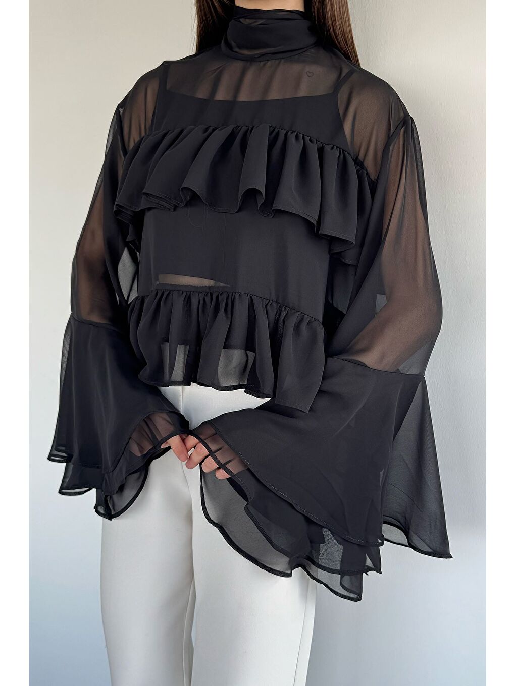 Siyah Kadın Atlet Kombinli Kat Kat Tül Bluz-1