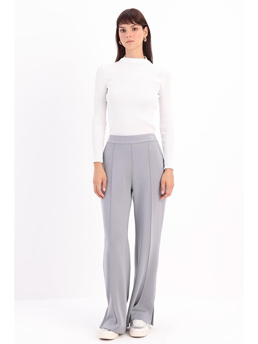 Gri-Nervürlü Bol Paça Örme Pantolon-1