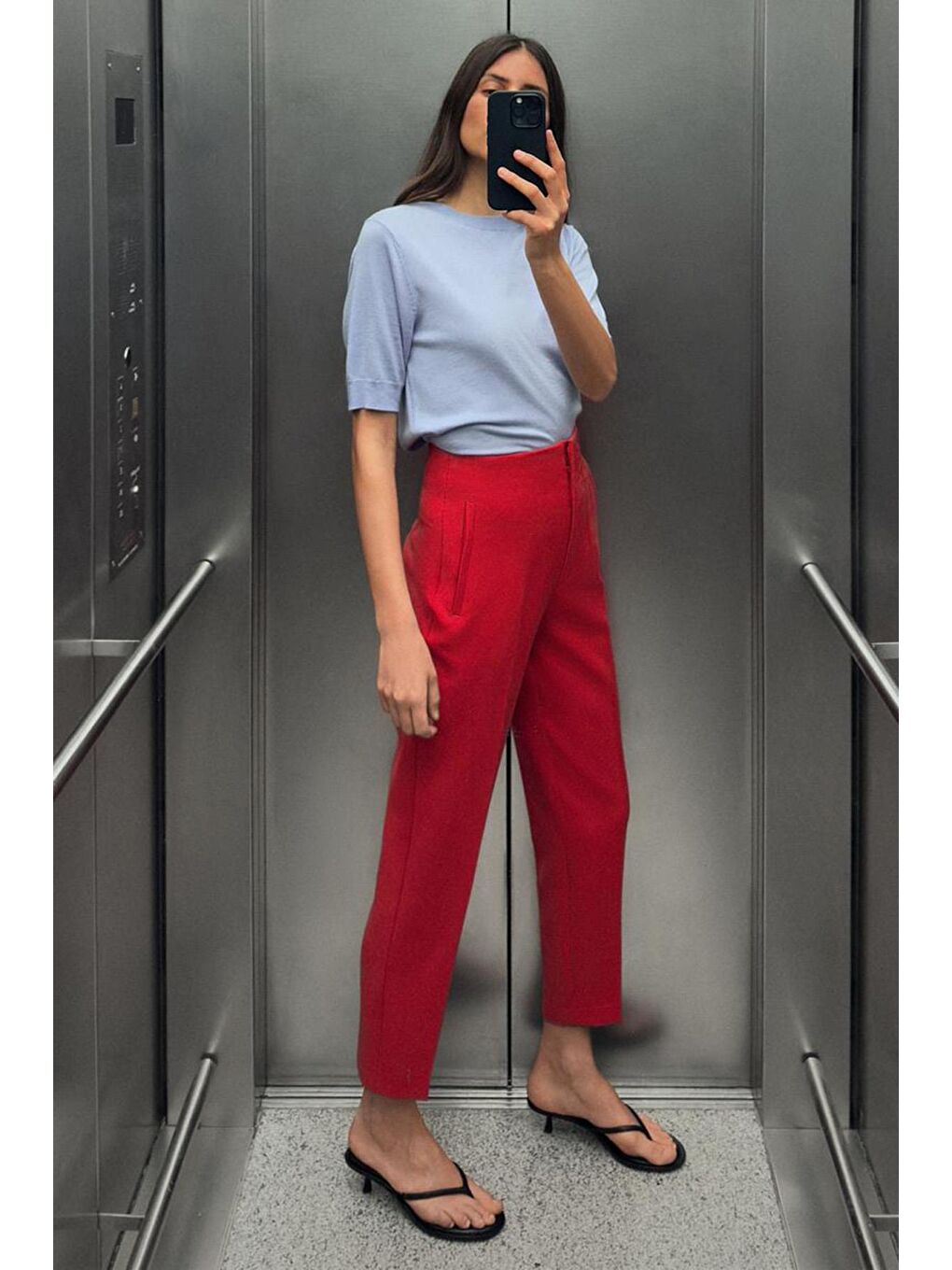 Kırmızı Önü Biyeli Yüksek Bel Kadın Pantolon Mg2425-3