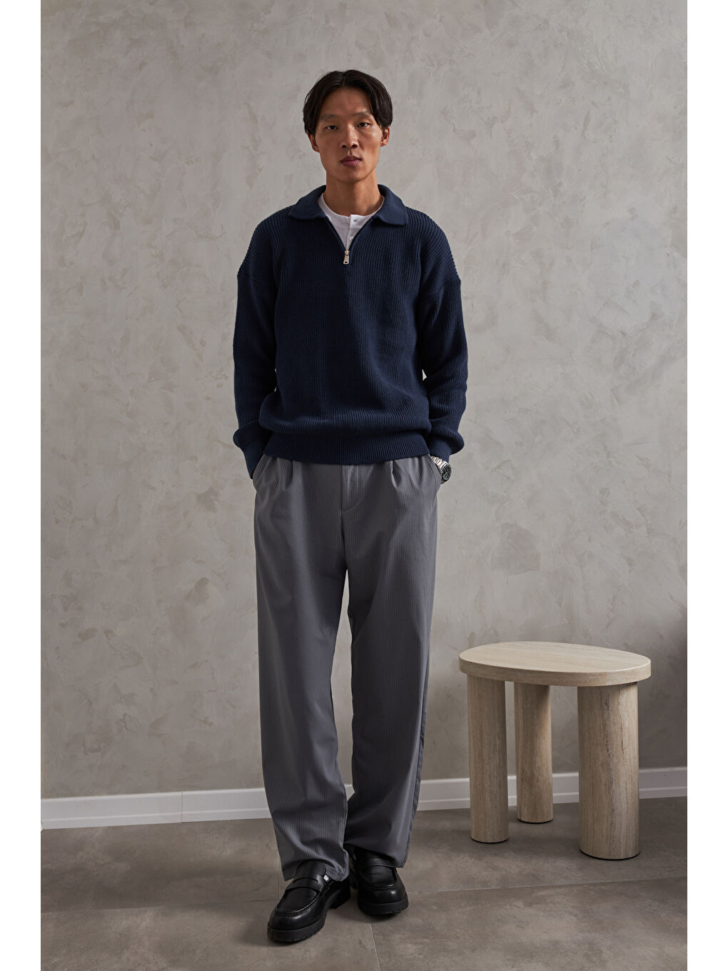 Lacivert Erkek Yakası Fermuarlı Oversize Kazak-2