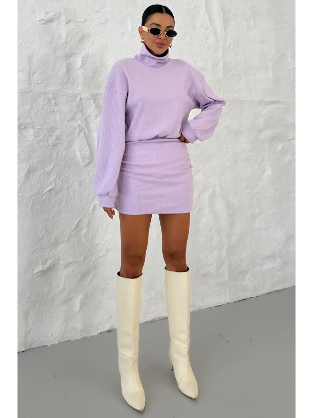 Mor Kadın Eflatun Boğazlı Bel Lastikli İnterlok Mini Elbise-1