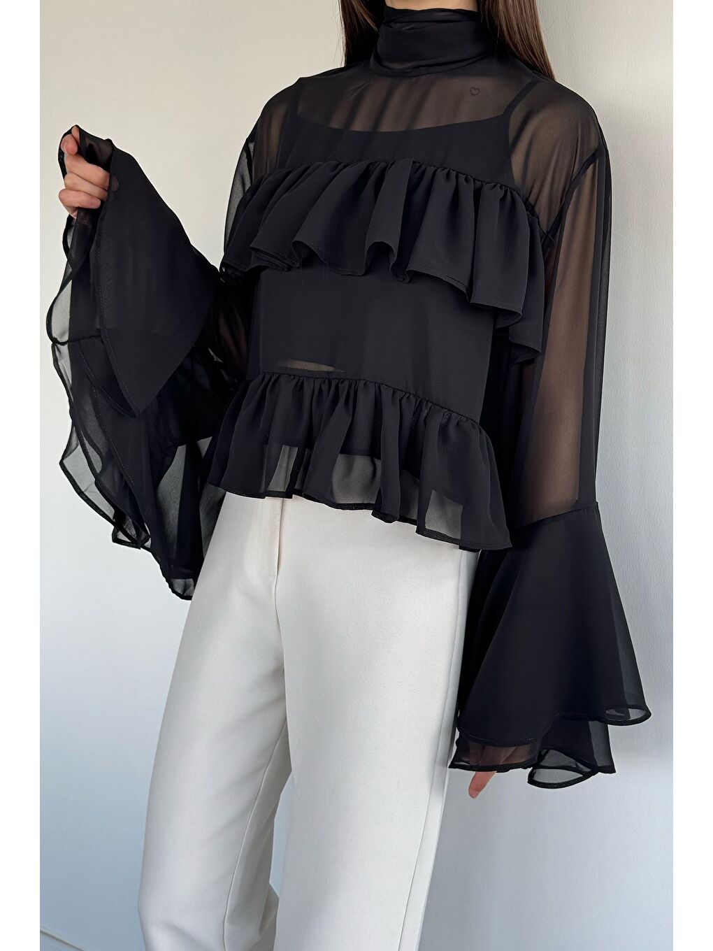 Siyah Kadın Atlet Kombinli Kat Kat Tül Bluz-2