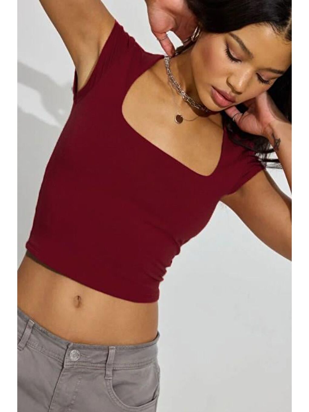 Bordo Kare Yaka Kadın Tişört Mg2294-1