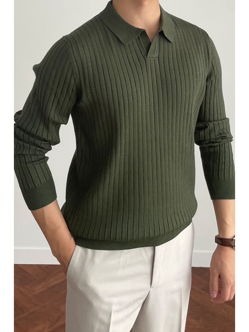 Haki Erkek Polo Yaka Triko Kazak Slim Fit Fitilli-3