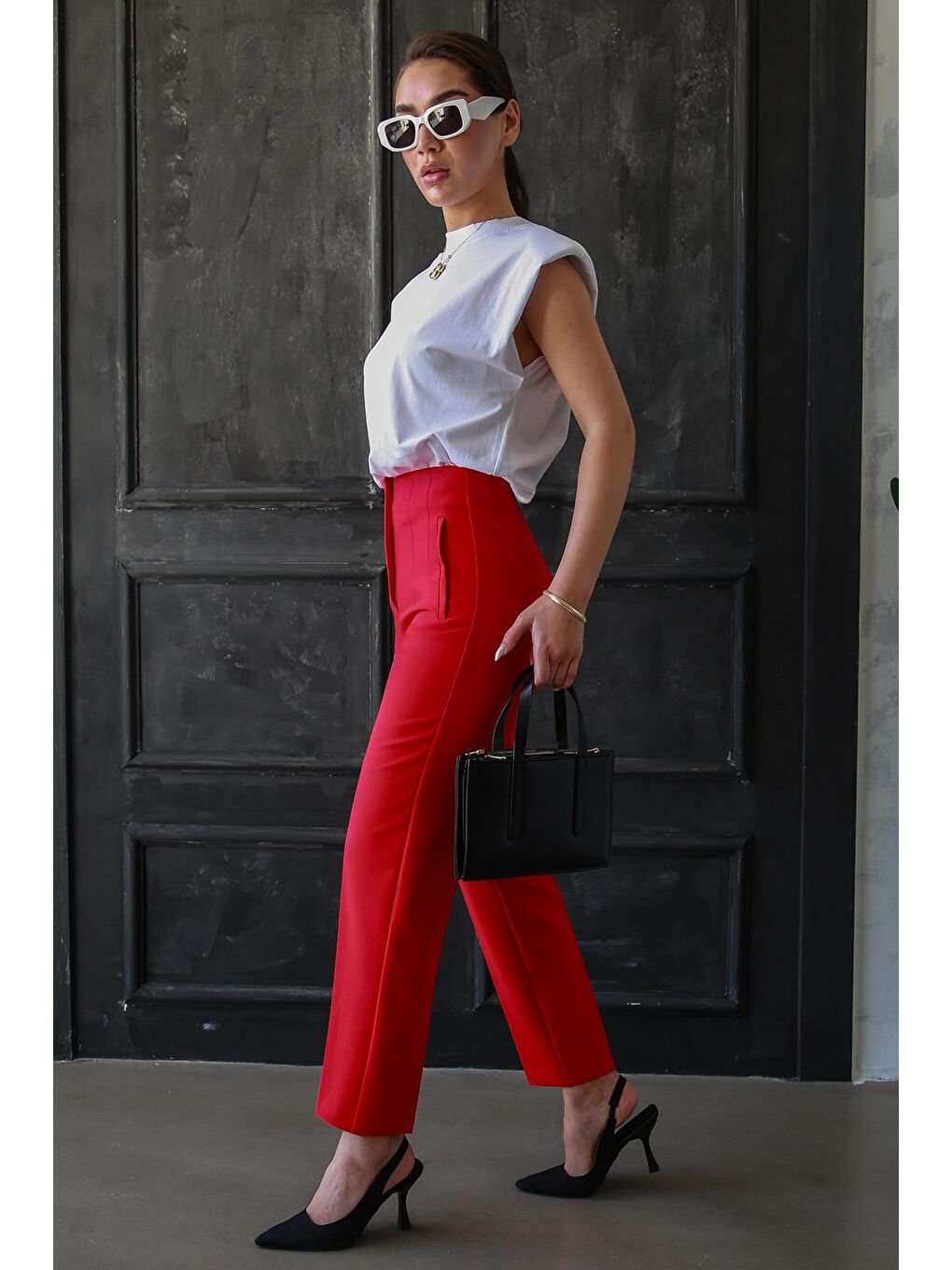 Kırmızı Önü Biyeli Yüksek Bel Kadın Pantolon Mg2425-4