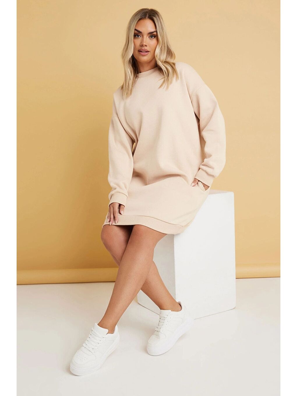 Bej Büyük Beden Bisiklet Yaka Uzun Kollu Cepli Şardonlu Sweastshirt Elbise 304038-1