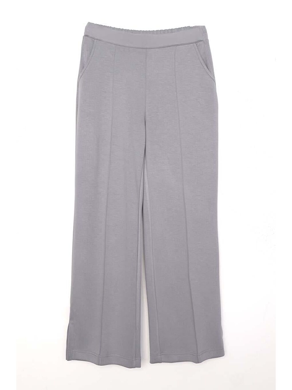 Gri-Nervürlü Bol Paça Örme Pantolon-5