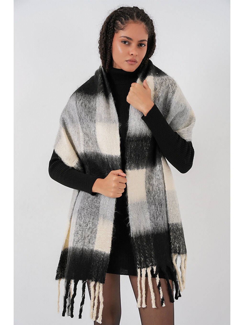 Kadın Yumuşak Dokulu Kalın Şal Atkı 15951 - A.Siyah-3