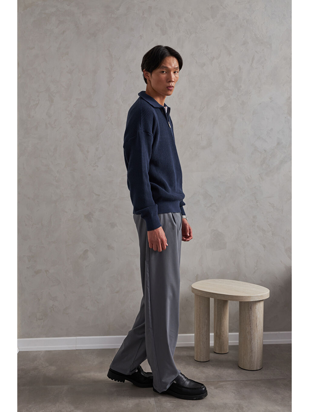 Lacivert Erkek Yakası Fermuarlı Oversize Kazak-3