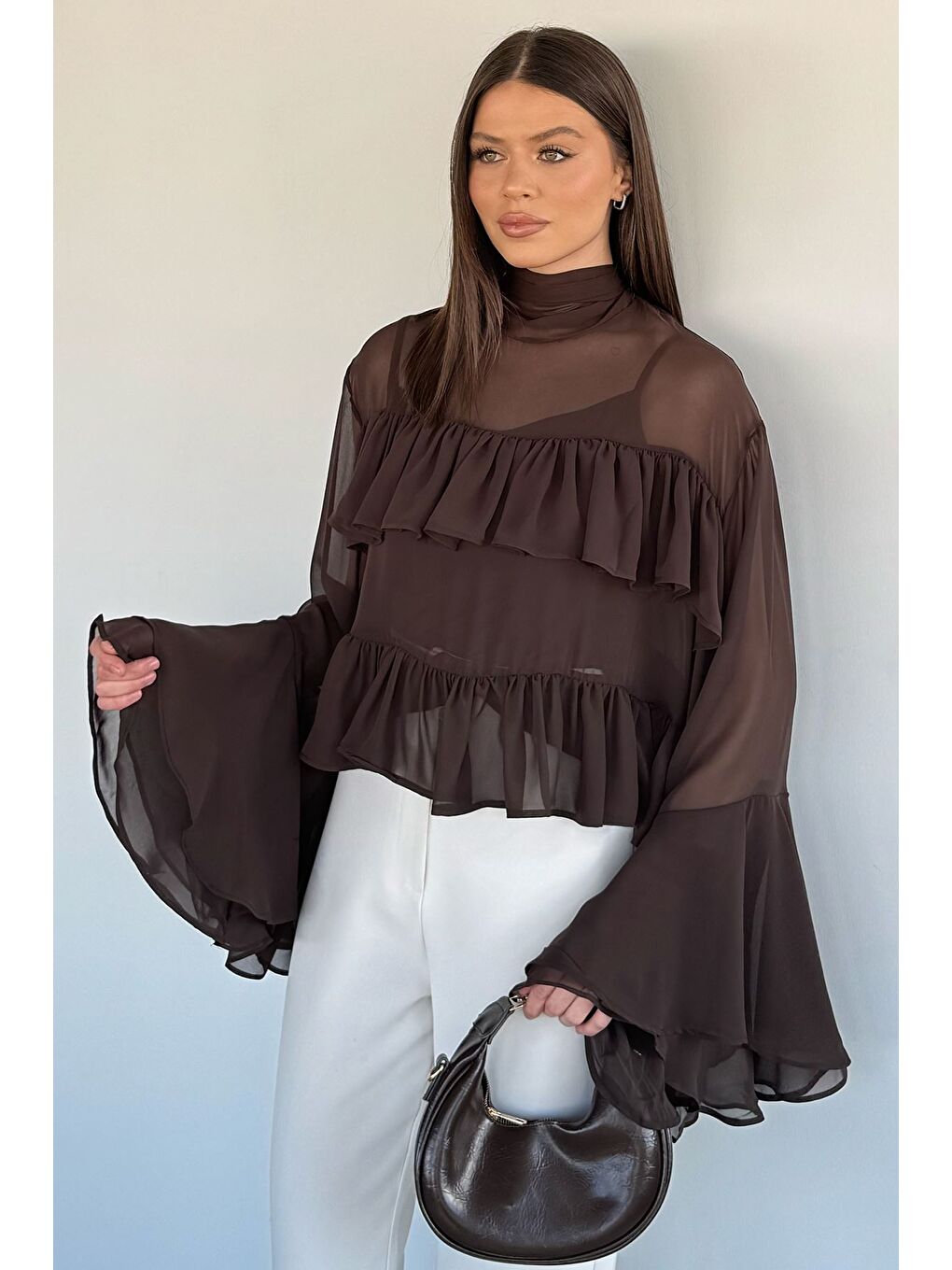 Kahverengi Kadın Atlet Kombinli Kat Kat Tül Bluz