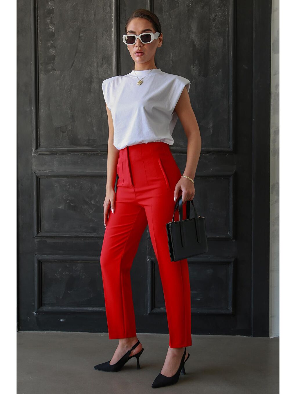 Kırmızı Önü Biyeli Yüksek Bel Kadın Pantolon Mg2425-5