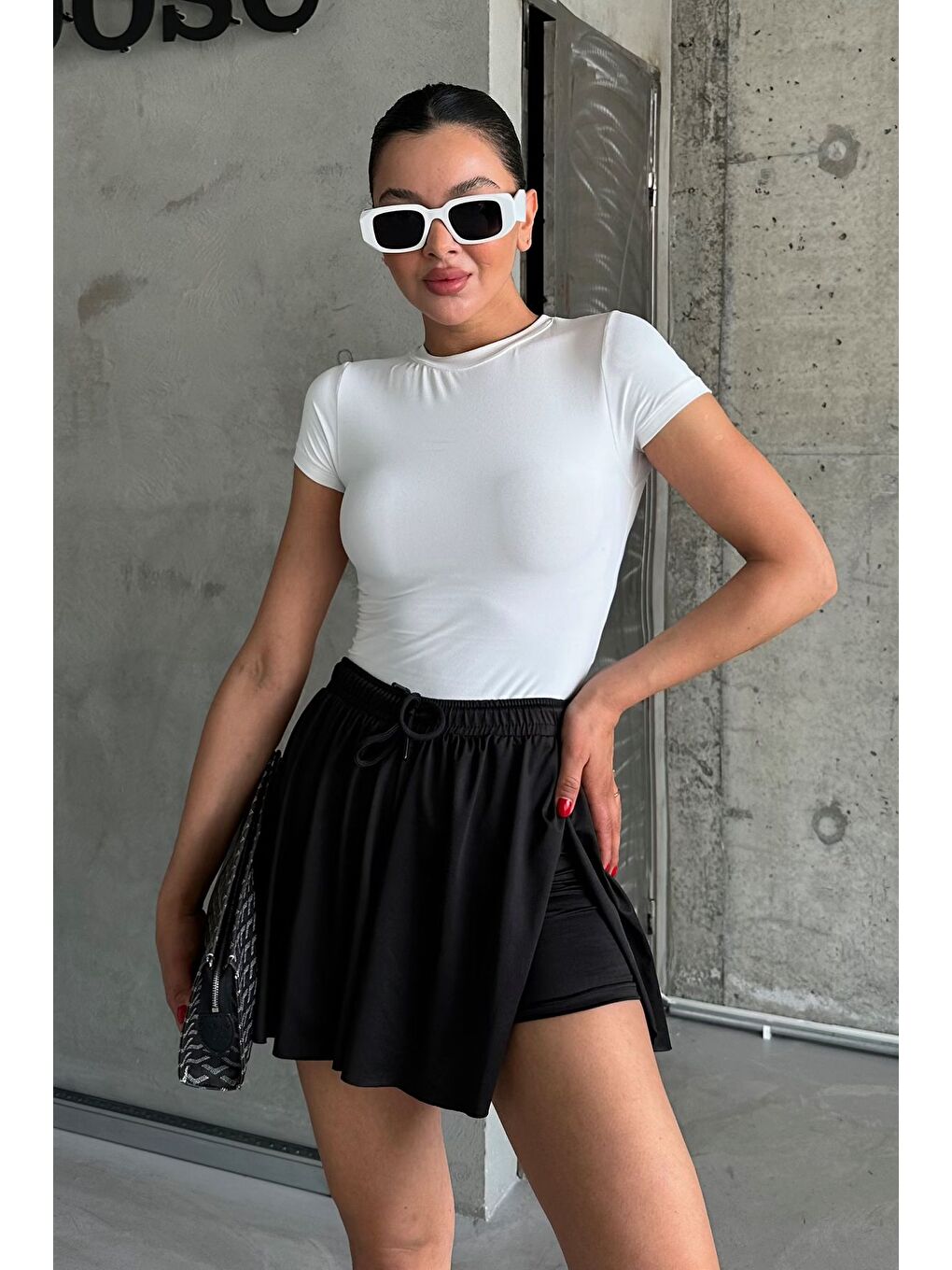 Kadın İçi Taytlı Yüksek Bel Tenis Eteği Siyah-2