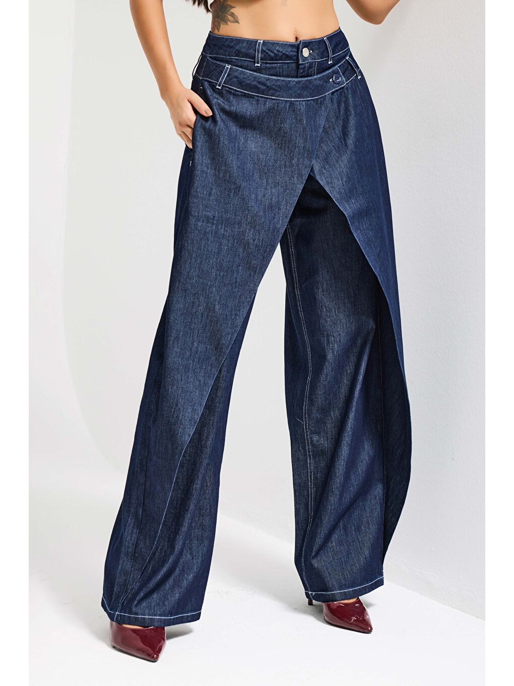 Kadın İndigo Bol Kesim Balon Fit Çift Pantolon Detaylı Özel Tasarım Denim Jean