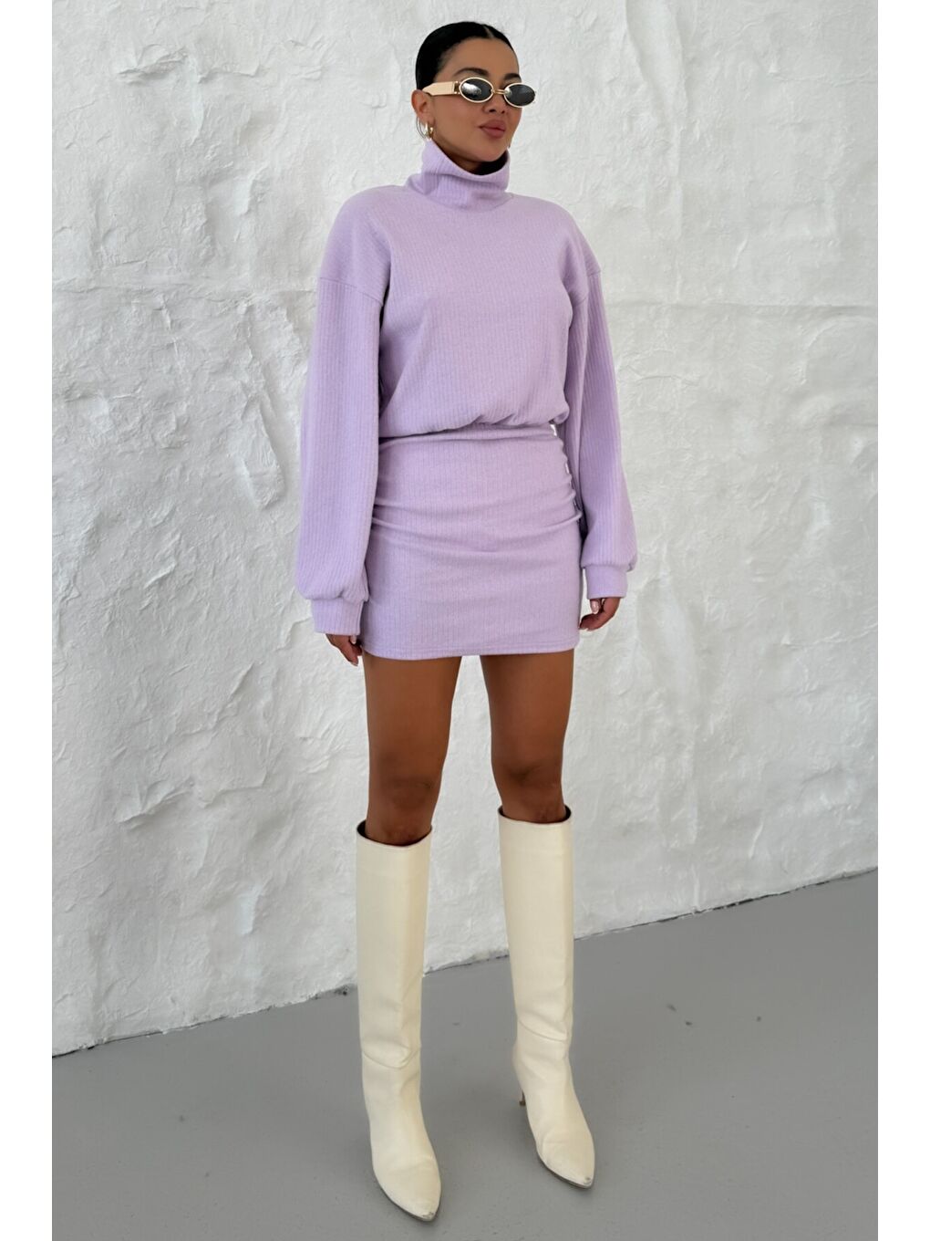 Mor Kadın Eflatun Boğazlı Bel Lastikli İnterlok Mini Elbise-2